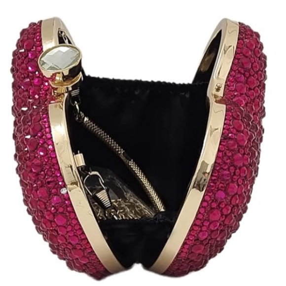 Fuchsia Pink Heart Shape Purse Sparkling Crystal Clutch Crossbody Bag Long Chain